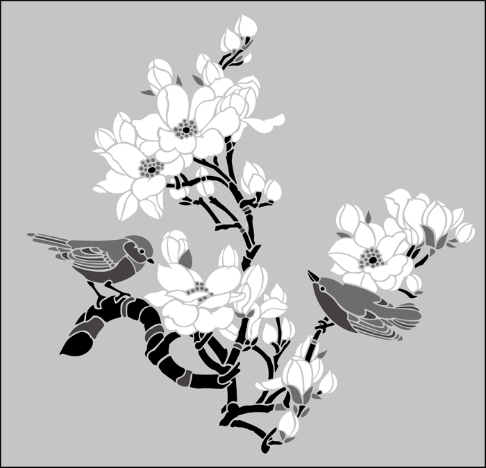 Japanese | JA115 | Birds & Blossom No 2 stencil Birds & Blossom No 2 stencil - Japanese